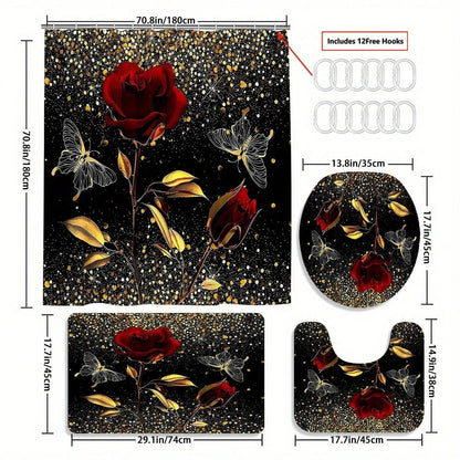4pcs Golden Red Rose Shower Curtain Set