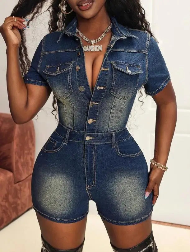 Women's Casual High Stretch Short Sleeved Slim Fit Denim Jumpsuit