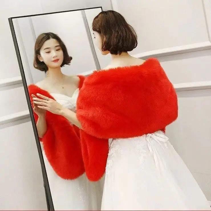 Women's Faux Fur Shawl With Fox Collar Cropped Jacket