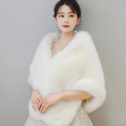 Women's Faux Fur Shawl With Fox Collar Cropped Jacket