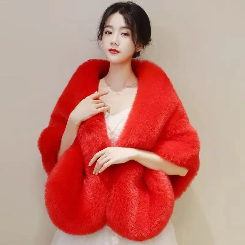 Women's Faux Fur Shawl With Fox Collar Cropped Jacket