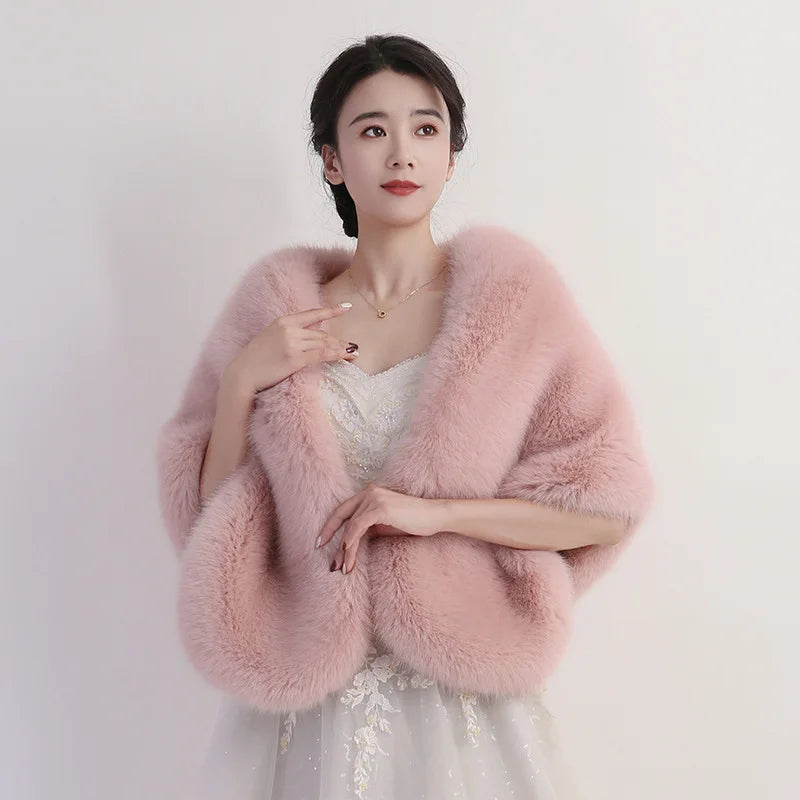 Women's Faux Fur Shawl With Fox Collar Cropped Jacket