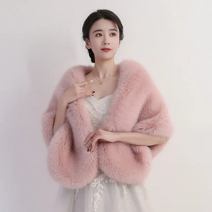 Women's Faux Fur Shawl With Fox Collar Cropped Jacket