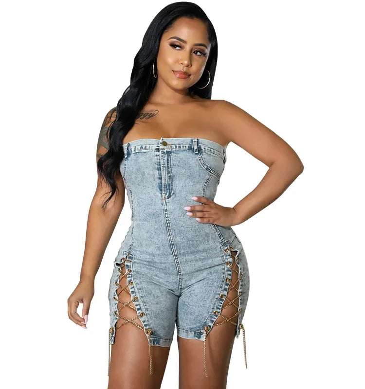 Women's Elegant Splice Denim Jumpsuits Romper