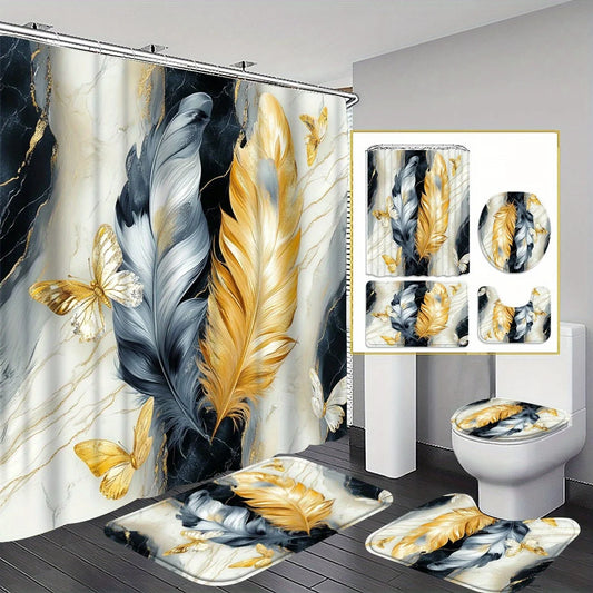 4pc Black and White Feather Patterned Bathroom Set