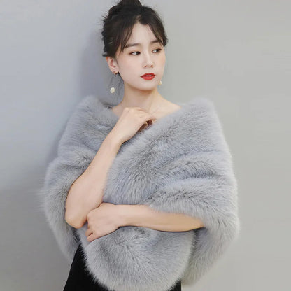 Women's Faux Fur Shawl With Fox Collar Cropped Jacket