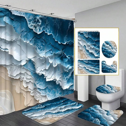 4pcs Blue & White Wave Pattern Bathroom Set With Hooks