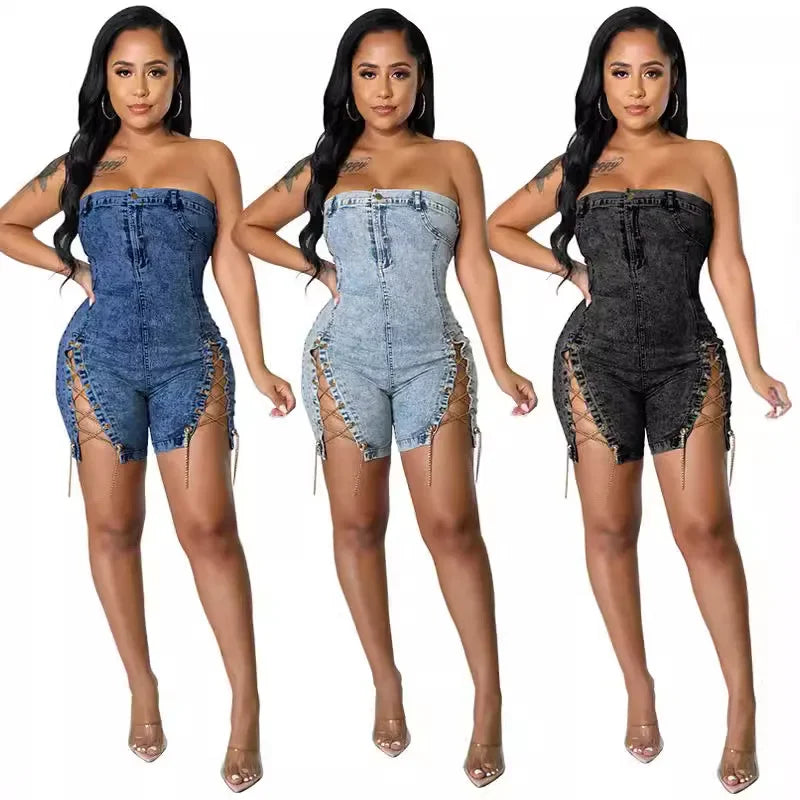 Women's Elegant Splice Denim Jumpsuits Romper