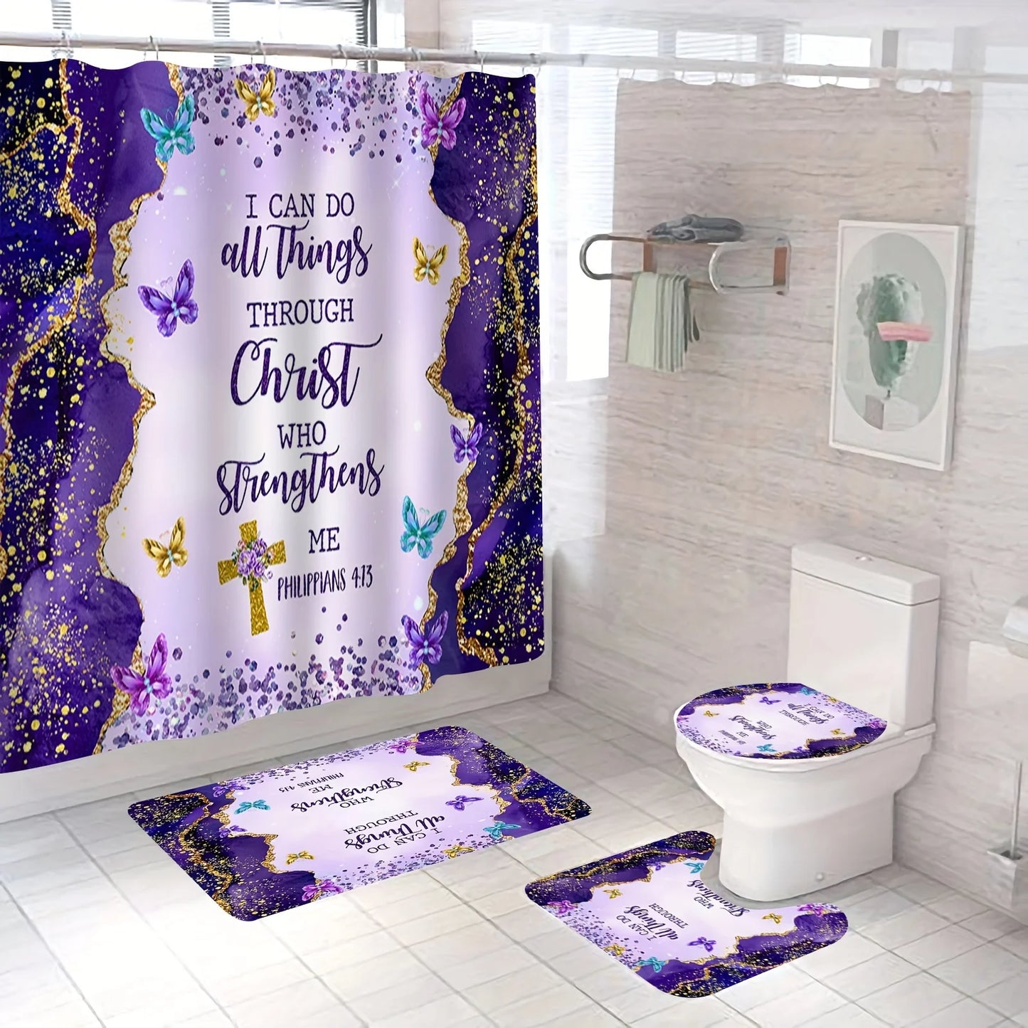 Christian Bible Verse Shower Curtain Set With Hooks
