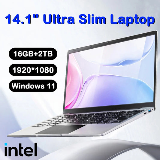 Ultra Slim Laptop 14.1" 16GB RAM 2TB SSD Intel N3700 Notebook Windows 11 Pro