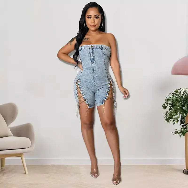Women's Elegant Splice Denim Jumpsuits Romper