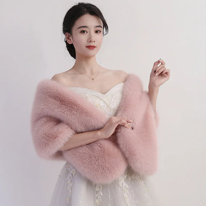 Women's Faux Fur Shawl With Fox Collar Cropped Jacket