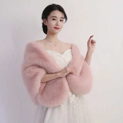 Women's Faux Fur Shawl With Fox Collar Cropped Jacket