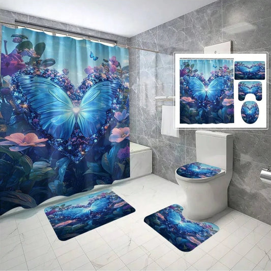 4pcs Butterfly Pattern Shower Curtain Set With Hooks