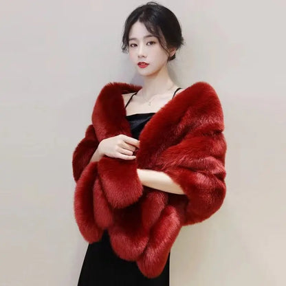 Women's Faux Fur Shawl With Fox Collar Cropped Jacket