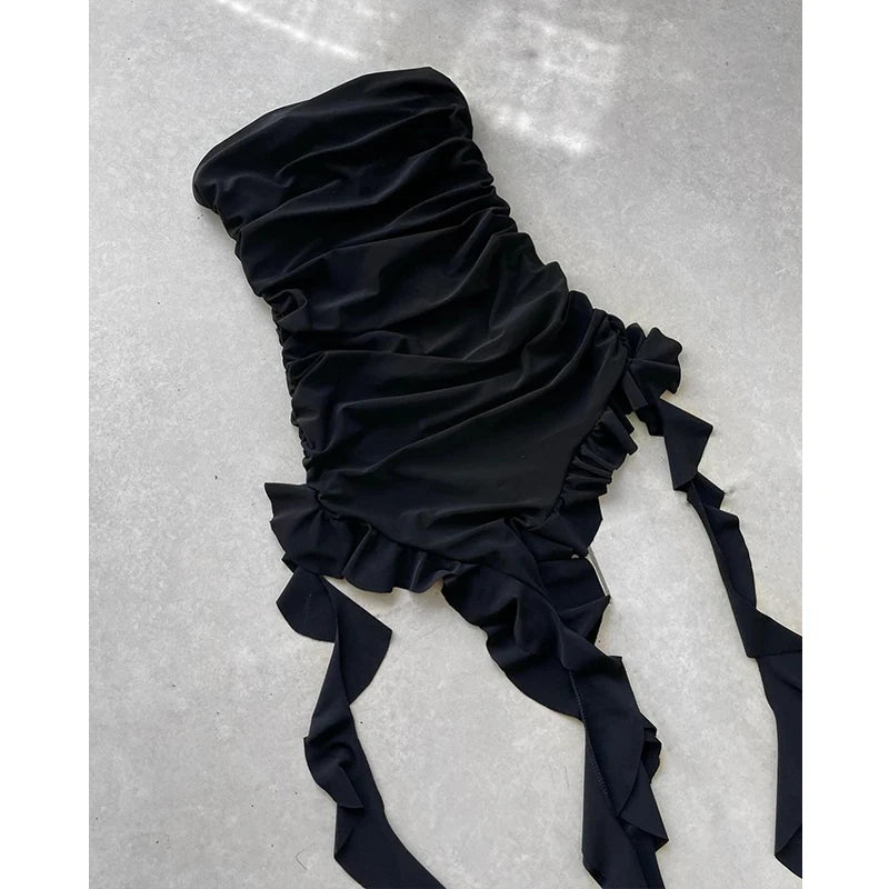 Women Strapless Sexy Floral Fold Hemline High Slit Mini Dress