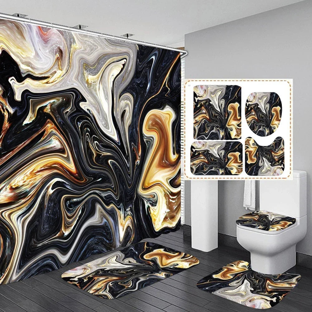 Geometric Golden Crackle Marble Shower Curtain Set