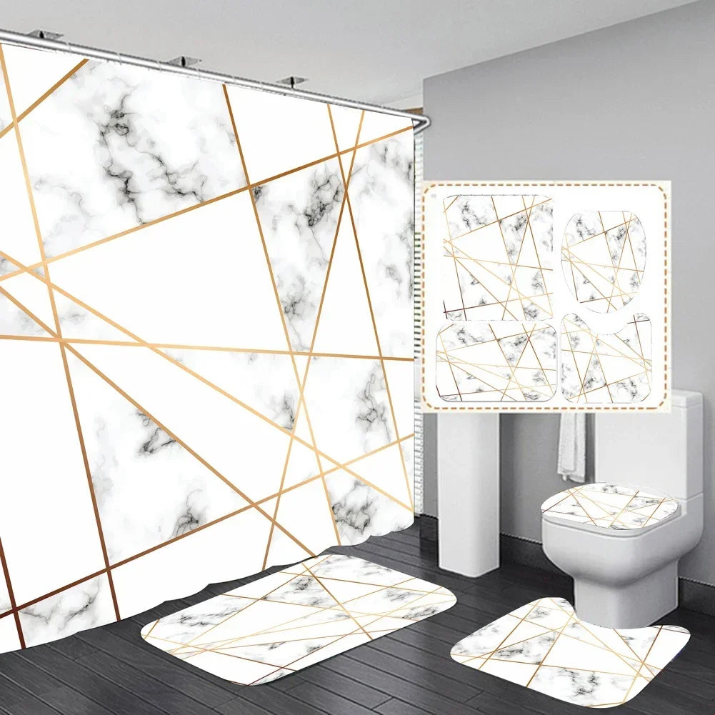 Geometric Golden Crackle Marble Shower Curtain Set