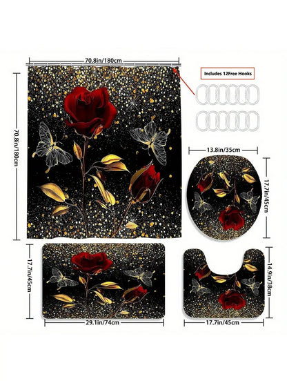 4pcs Golden Red Rose Shower Curtain Set