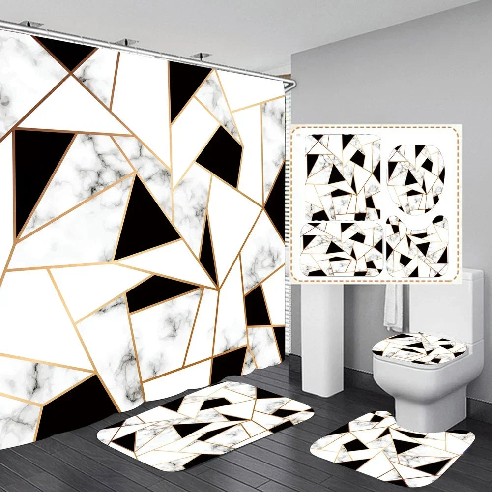Geometric Golden Crackle Marble Shower Curtain Set