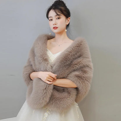 Women's Faux Fur Shawl With Fox Collar Cropped Jacket