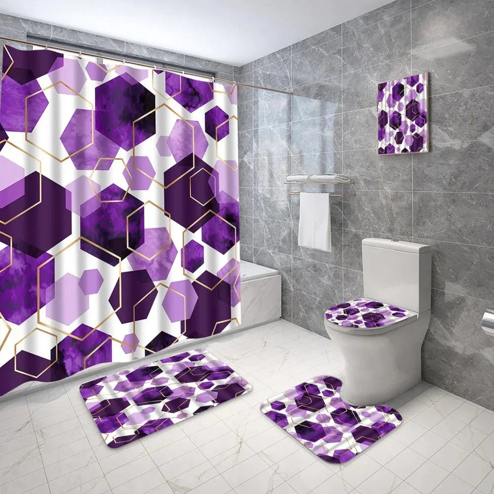 Geometric Golden Crackle Marble Shower Curtain Set