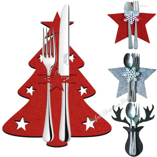 4PCS Christmas Knife and Fork Holder Xmas Tree Pocket Cutlery Bag