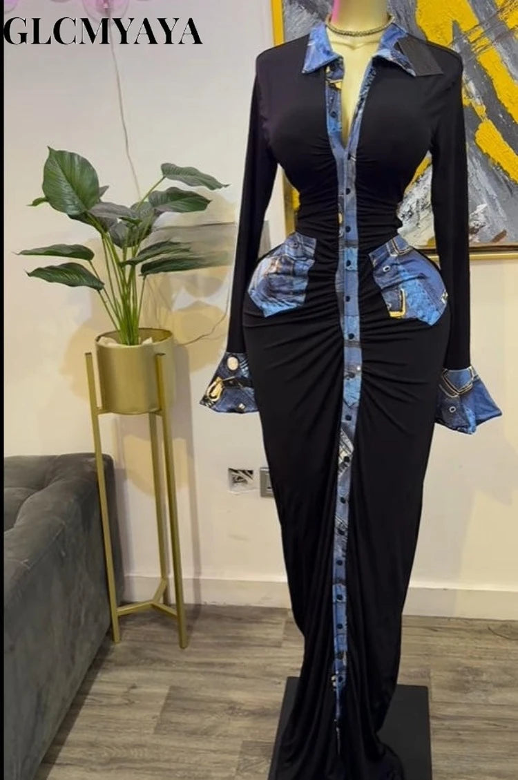 Women Denim Print Flare Long Sleeve Single Breasted Ruched Bodycon Dress