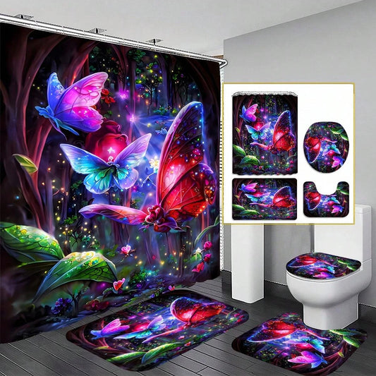 4pcs Butterfly Pattern Bathroom Set With 12 Hooks