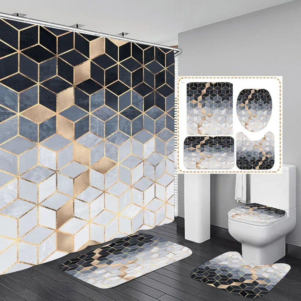 Geometric Golden Crackle Marble Shower Curtain Set