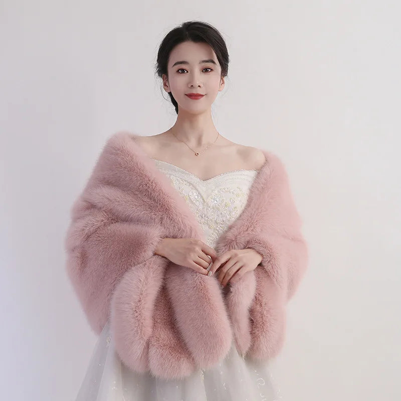 Women's Faux Fur Shawl With Fox Collar Cropped Jacket