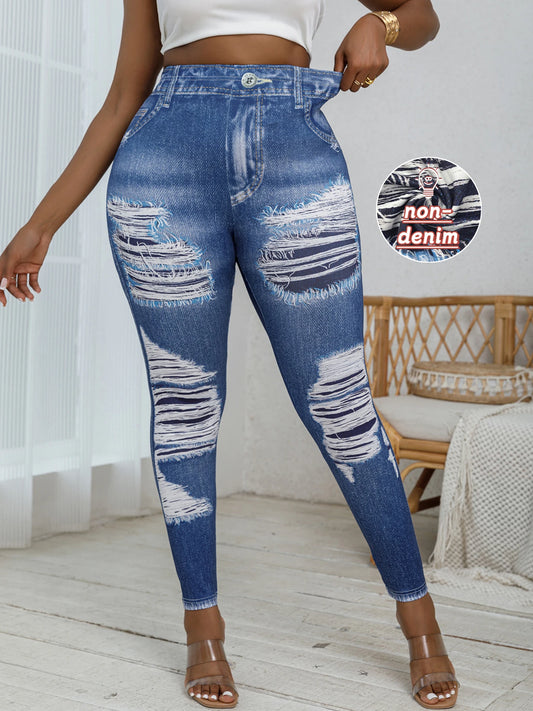 Women's Denim Print Ripped Pattern High Elastic Sports Pants