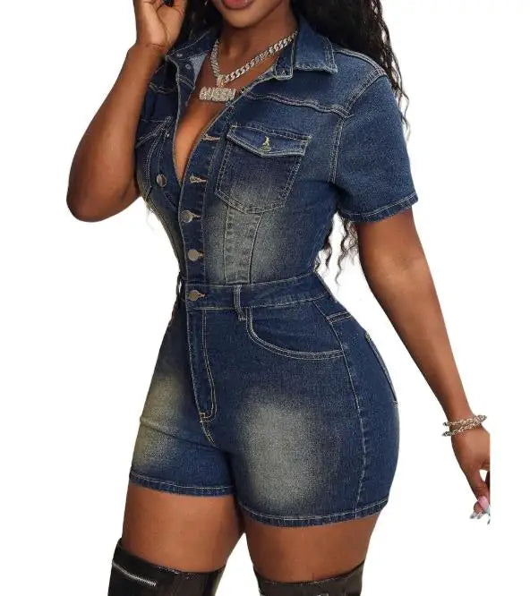 Women's Casual High Stretch Short Sleeved Slim Fit Denim Jumpsuit