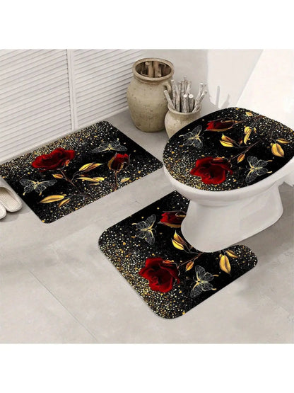 4pcs Golden Red Rose Shower Curtain Set