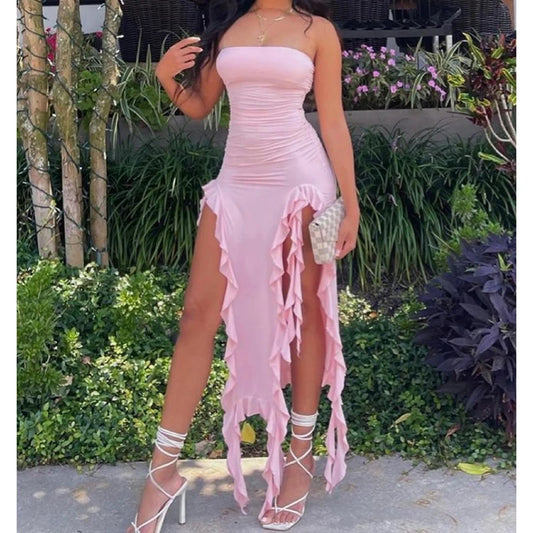 Women Strapless Sexy Floral Fold Hemline High Slit Mini Dress