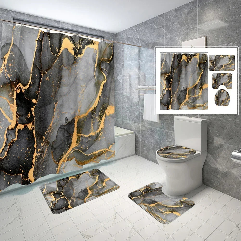 Geometric Golden Crackle Marble Shower Curtain Set