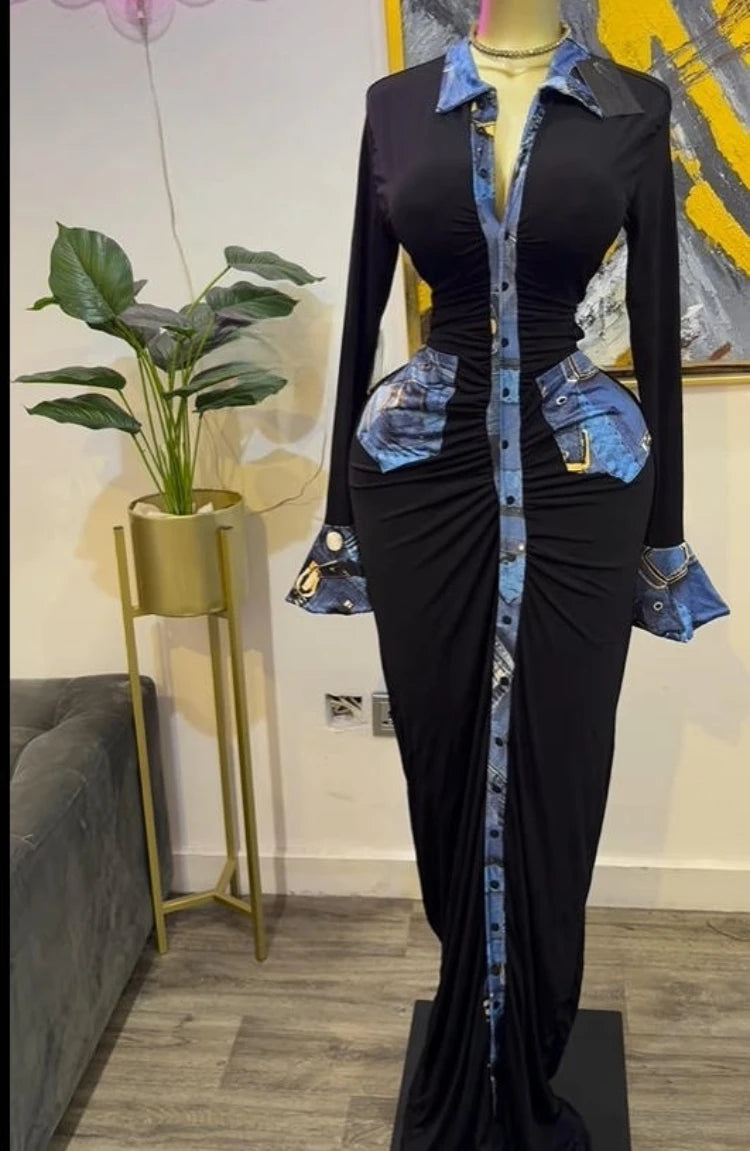 Women Denim Print Flare Long Sleeve Single Breasted Ruched Bodycon Dress