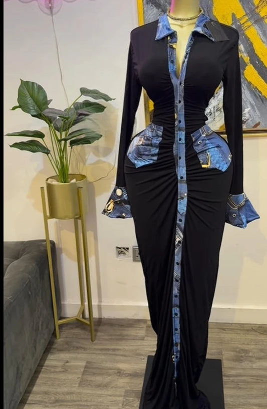 Women Denim Print Flare Long Sleeve Single Breasted Ruched Bodycon Dress