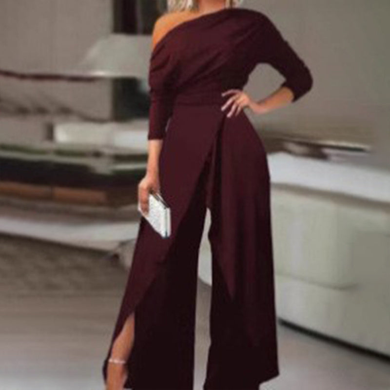 Women's Elegant One-Shoulder Jumpsuit With Long Sleeves & Pants Slit Pleated Waist Formal & Party For Spring&Summer