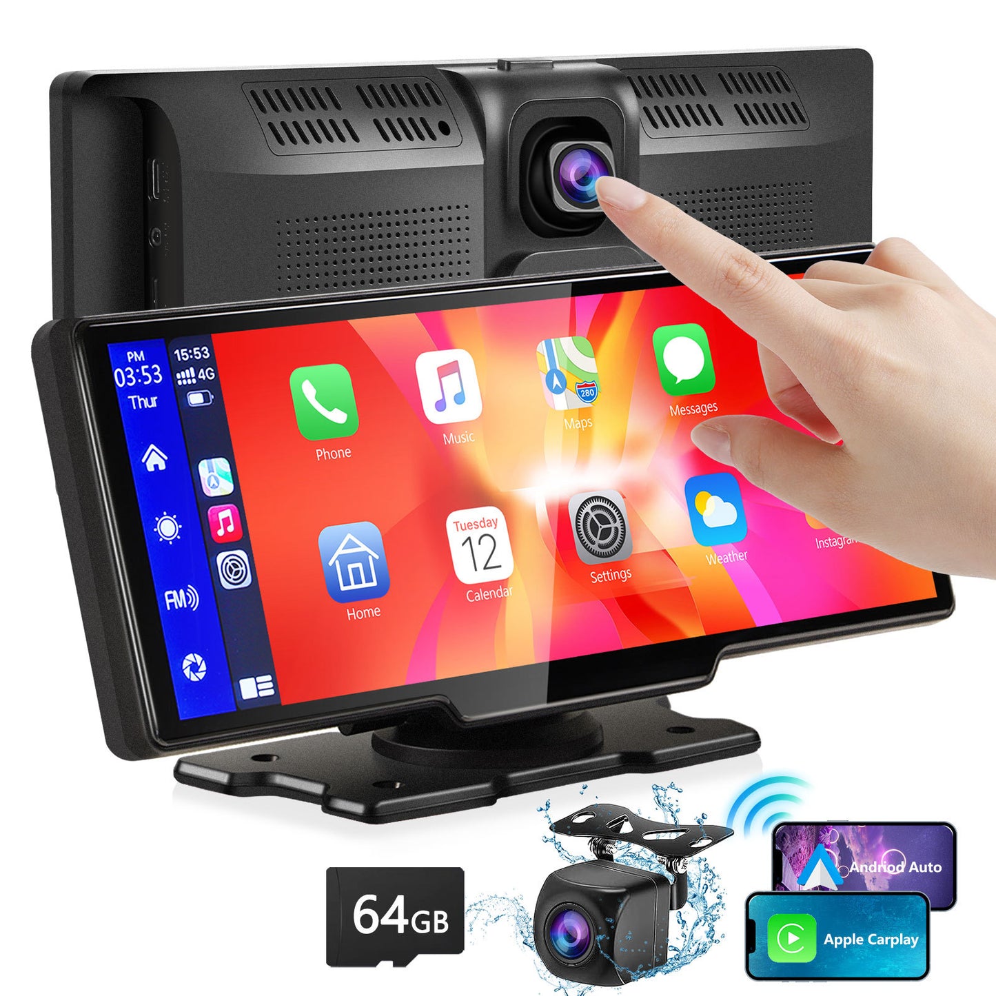 Portable Wireless Carplay With 2.5K Camera, 1080P Back Cam 9.3inches Ultra HD Android Auto Car Play Screen For Car DVR Loop Recording, Bluetooth GPS Navigation Touch Drive Screen With FM