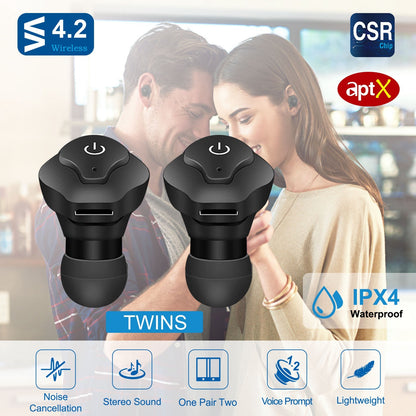 1 Pair True Wireless Earbuds CSR V4.2 In-ear Stereo Headsets IP44 Waterproof
