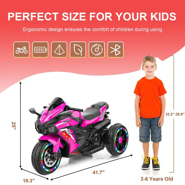 Kids Motorcycle For 3-6 Years 12V Electric Ride On With Light Wheel & Bluetooth
