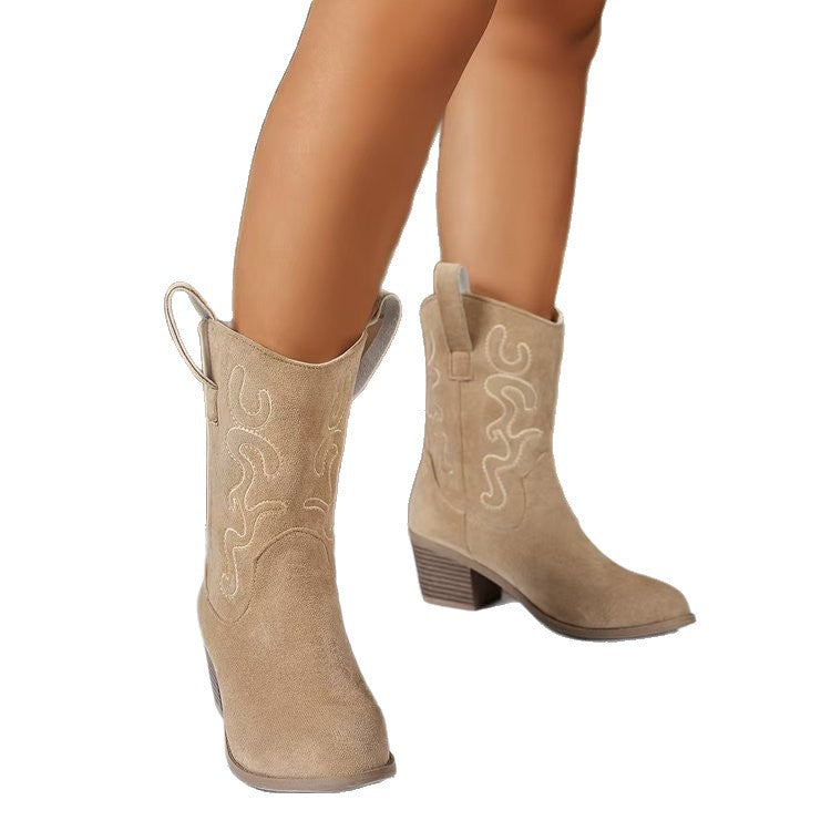 Women's Square Heel V-Cut Mid-Calf Boots