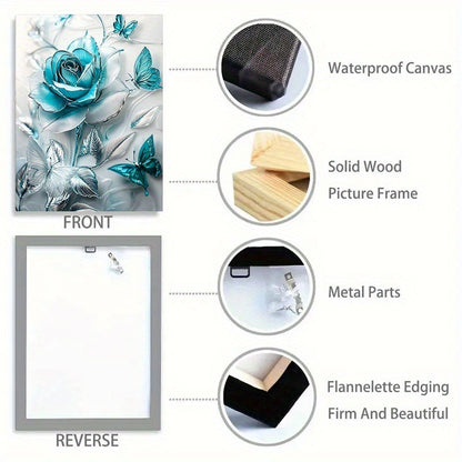 Turquoise Blue Crystal Rose & Teal Butterflies Canvas Wall Art With Wooden Frame