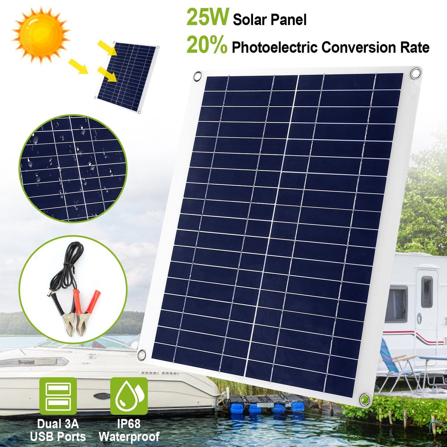 1Pc Outdoor Solar Panel 12V 25W Car Battery Charger IP68 Waterproof With 3.0A Dual USB Charging Clip Line For RV Car Boat