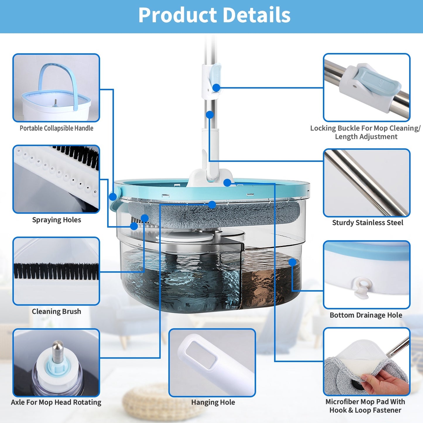 Spin Mop And Bucket With Wringer Set Flat Floor Mop With Clean And Dirty Water Separate System 2 Replaceable Reusable Washable Microfiber Mop Pads