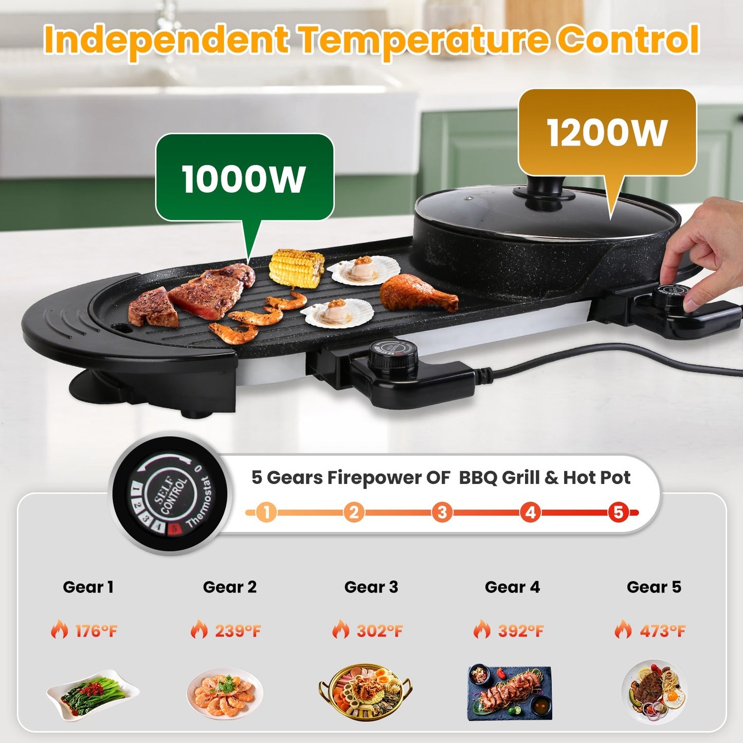 2200W  2 In 1 Electric Hot Pot With BBQ Grill Cooker Smokeless Non-Stick