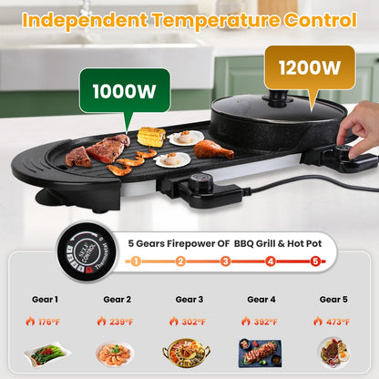 2200W  2 In 1 Electric Hot Pot With BBQ Grill Cooker Smokeless Non-Stick