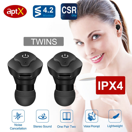 1 Pair True Wireless Earbuds CSR V4.2 In-ear Stereo Headsets IP44 Waterproof