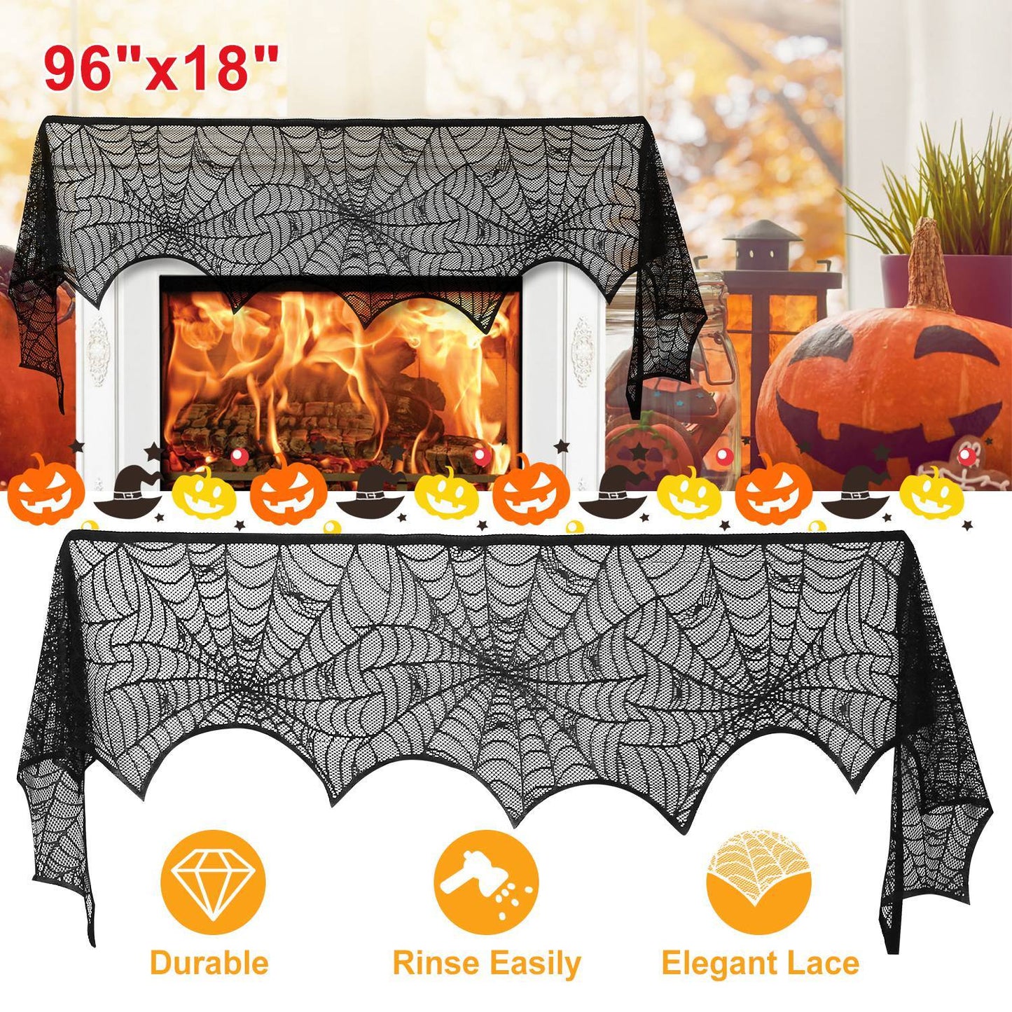 Halloween Decoration Black Lace Spiderweb Fireplace Mantle Scarf Cover Festive Party Supplies Fireplace Scarf 96 X 18 Inch For Halloween Christmas Party Door Window Decoration